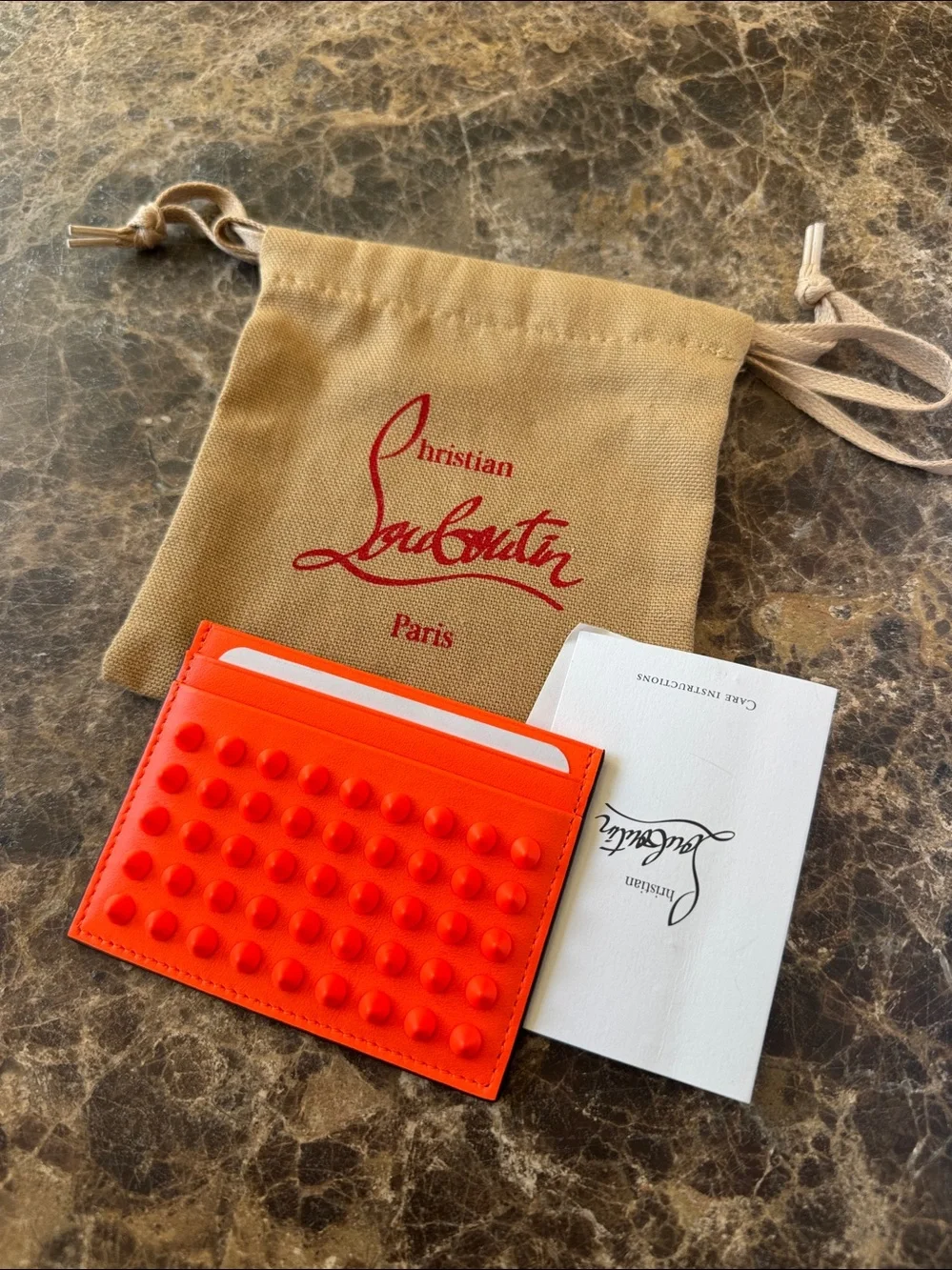 Christian Louboutin kios neon orange spike wallet card case with bag